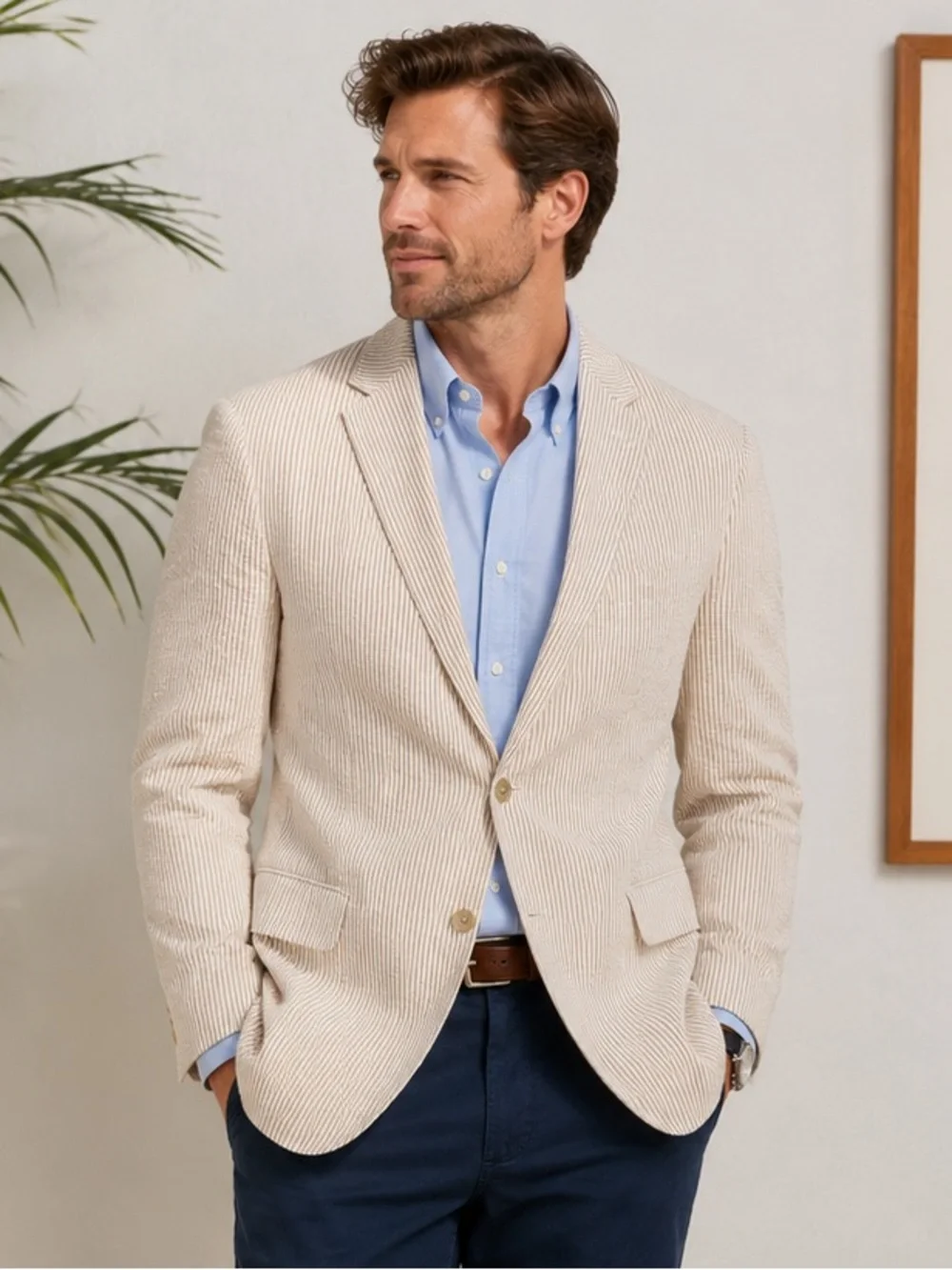 J.Crew 44R Tan Seersucker Cotton Blazer Sport Coat Two Button
